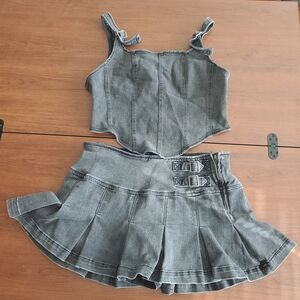 Two-Piece Washed Grey Denim Corset Top & Pleated Mini Skirt Set
